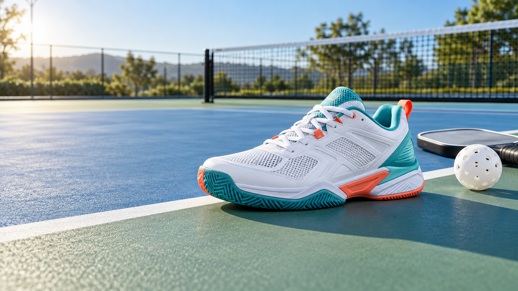 Technical pickleball court shoe on an outdoor pickleball court